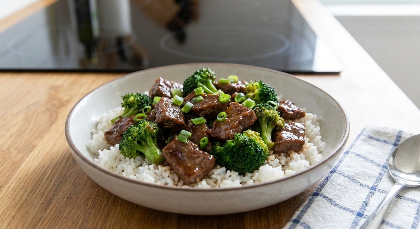 A plated serving of beef and broccoli in glossy sauce spooned over white rice in a shallow bowl with green onions on top