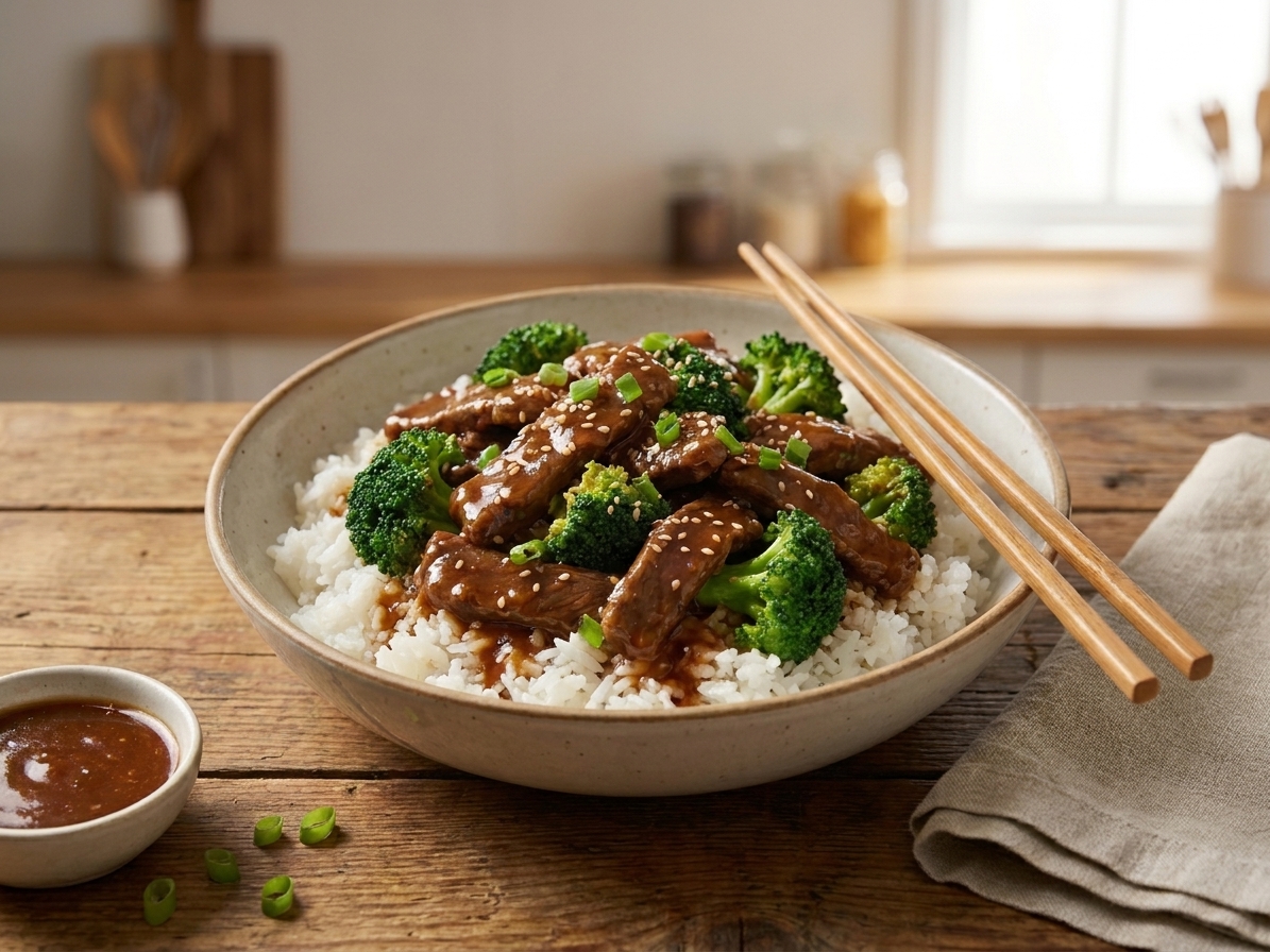 A plated serving of beef and broccoli over steamed white rice with sesame seeds and sliced green onions on top, set on a wooden table with soft warm lighting