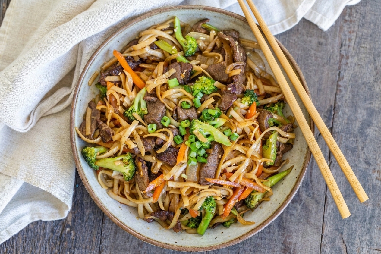 A plated serving of beef lo mein on a ceramic dish with scallions and sesame seeds on top at a dinner table