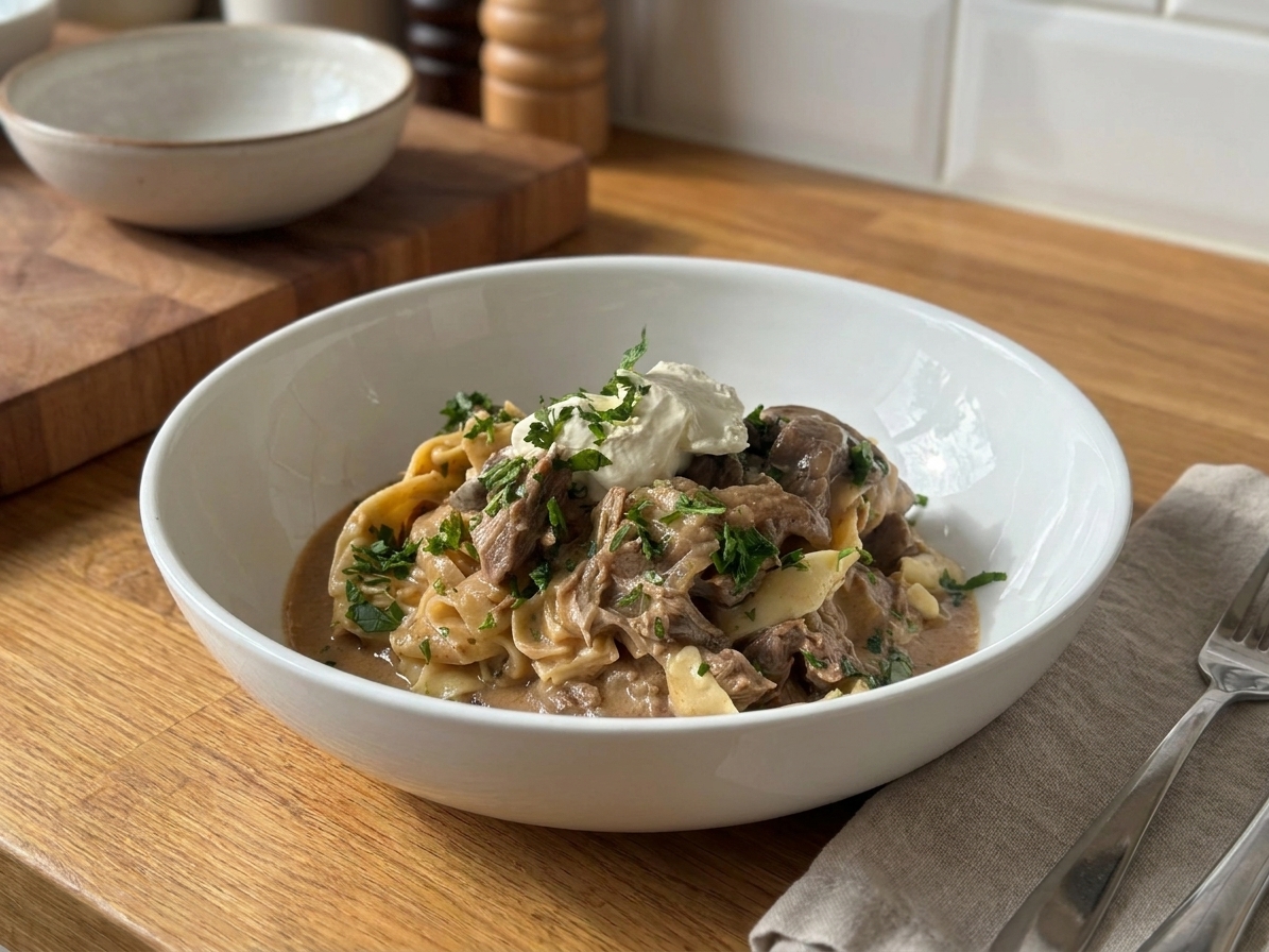 A plated serving of beef stroganoff over egg noodles with mushrooms and a sprinkle of parsley on a dinner table