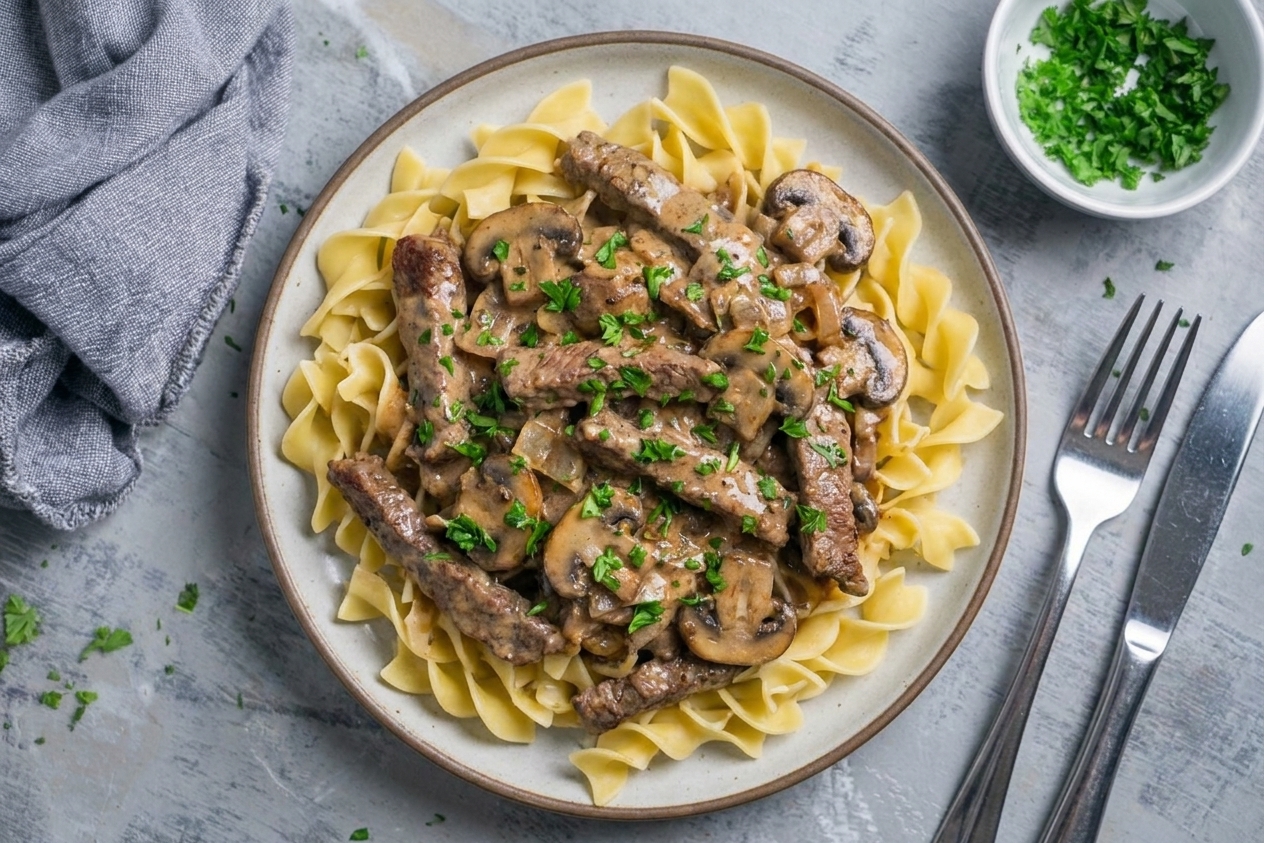 A plated serving of beef stroganoff over egg noodles with mushrooms, finished with chopped herbs on a simple dinner table