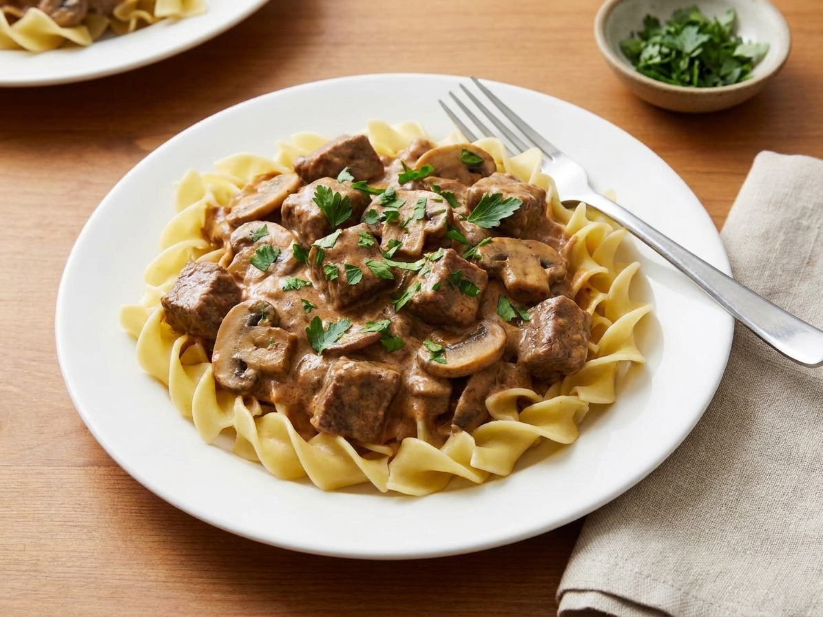 A plated serving of beef stroganoff over egg noodles with mushrooms and a sprinkle of parsley on a simple dinner table