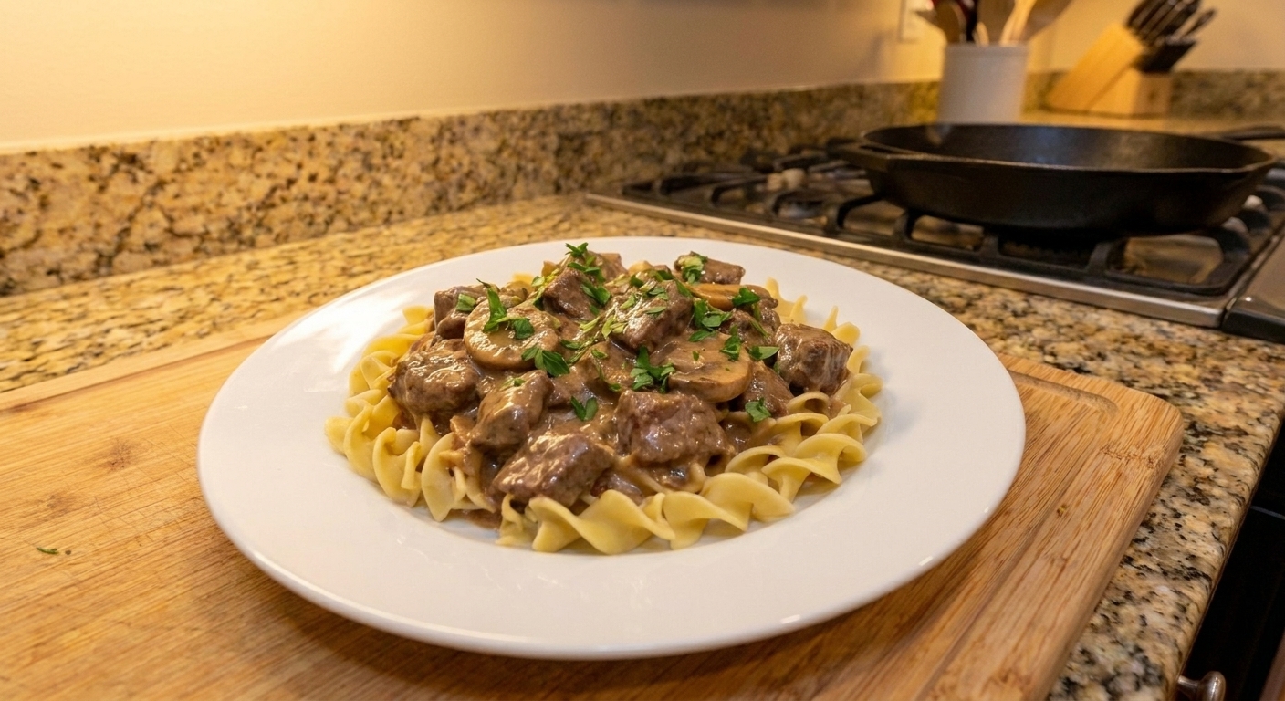 A plated serving of beef stroganoff over egg noodles with mushrooms visible in the creamy sauce, sprinkled with parsley on a simple white plate