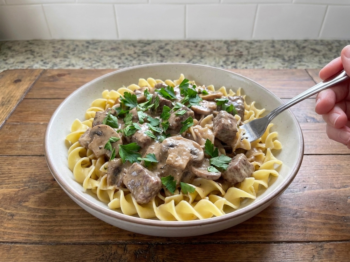 A plated serving of beef stroganoff with mushrooms over egg noodles in a shallow bowl, garnished with parsley on a wooden table