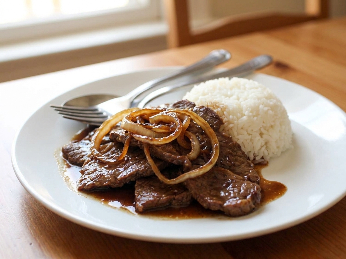 A plated serving of bistek tagalog with tender beef slices in a glossy soy-citrus sauce, topped with softened onion rings, served with steamed white rice on a simple dinner table