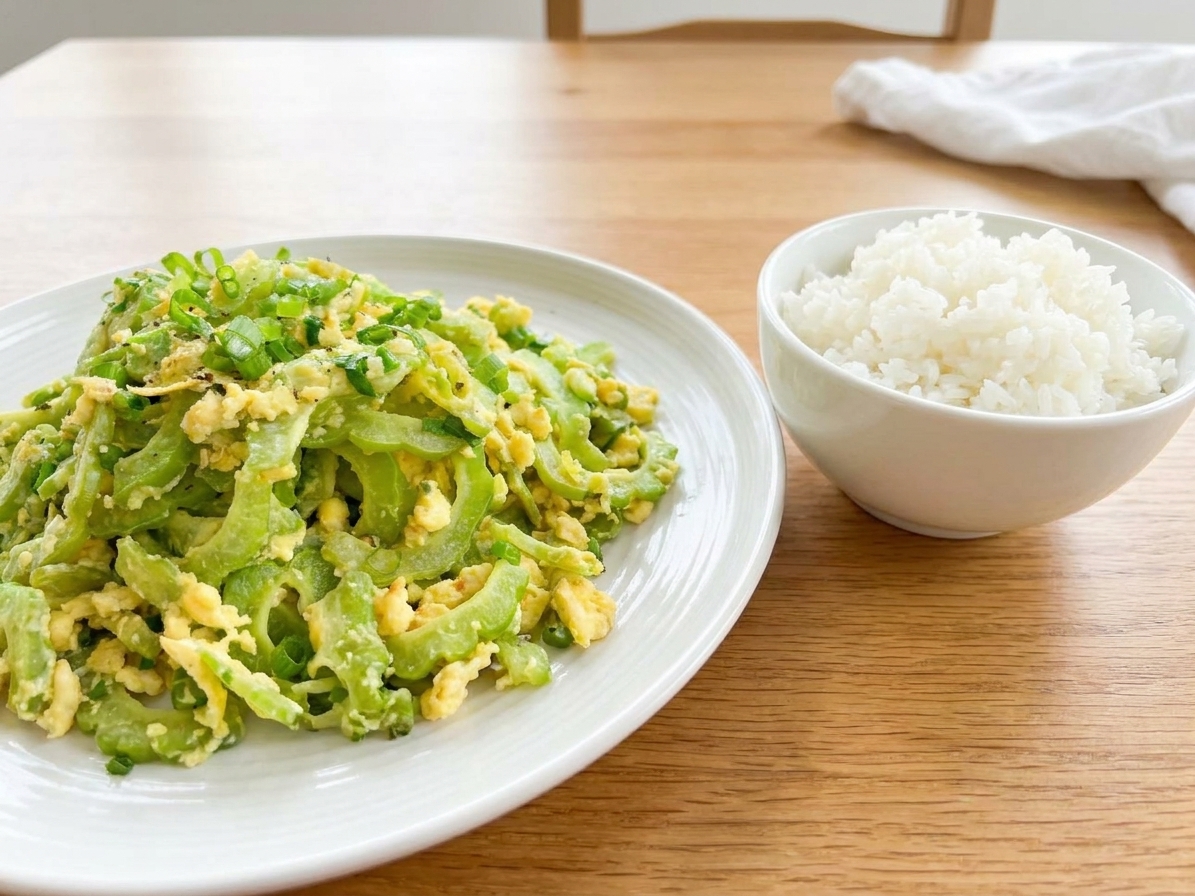 A plated serving of bitter melon and egg stir-fry on a white plate with a small bowl of steamed rice beside it on a wooden table
