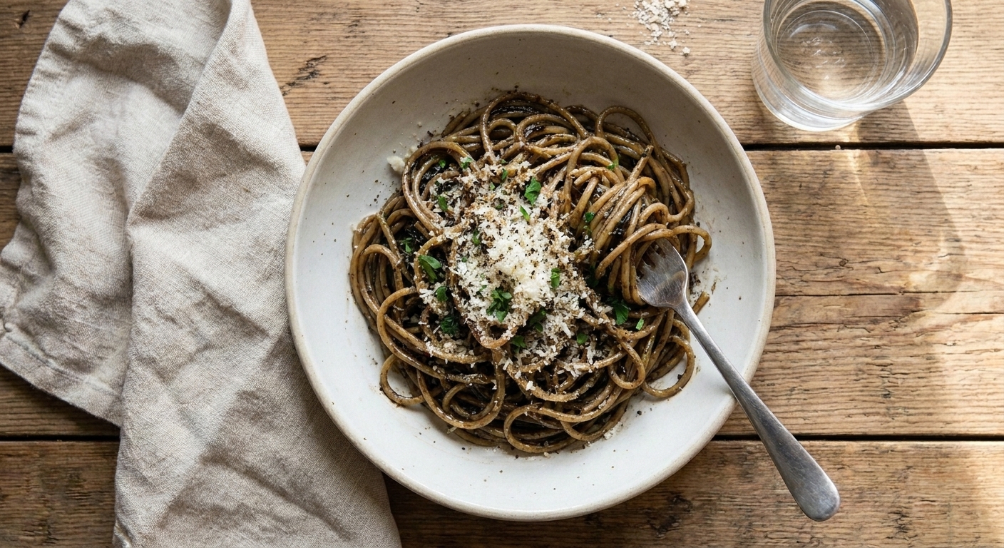 A plated serving of black garlic butter pasta topped with grated Parmesan and parsley on a wooden table with a glass of water and a fork