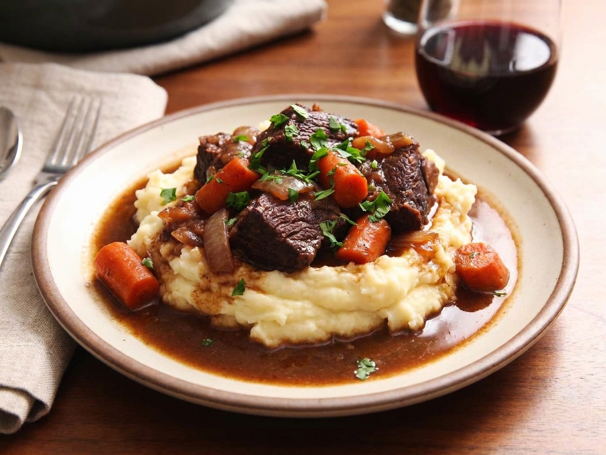 A plated serving of braised beef and carrots spooned over creamy mashed potatoes with sauce pooled around the edges on a dinner table