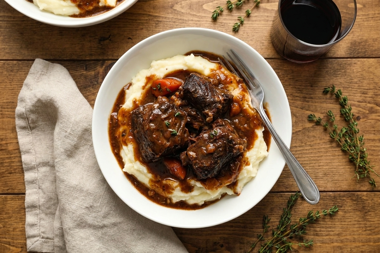 A plated serving of braised beef short ribs on creamy mashed potatoes with rich gravy, set on a simple dinner table with a linen napkin