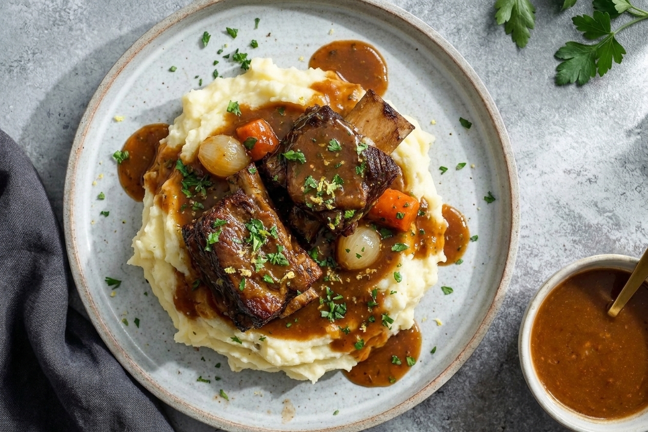 A plated serving of braised beef short ribs over creamy mashed potatoes with rich gravy and a simple green herb garnish