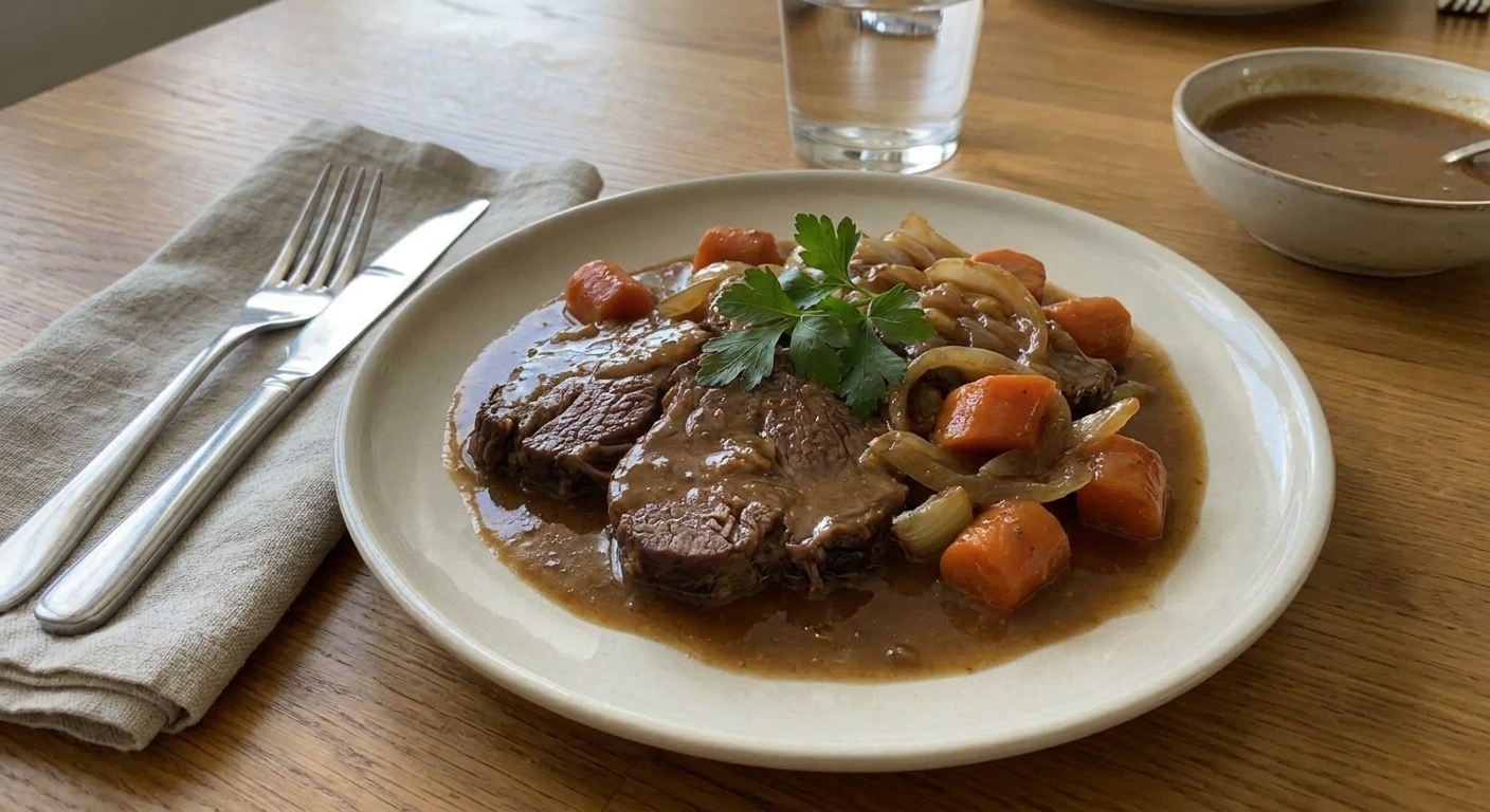 A plated serving of braised beef shoulder roast with carrots and onions, covered in gravy, set on a dinner table with a simple place setting