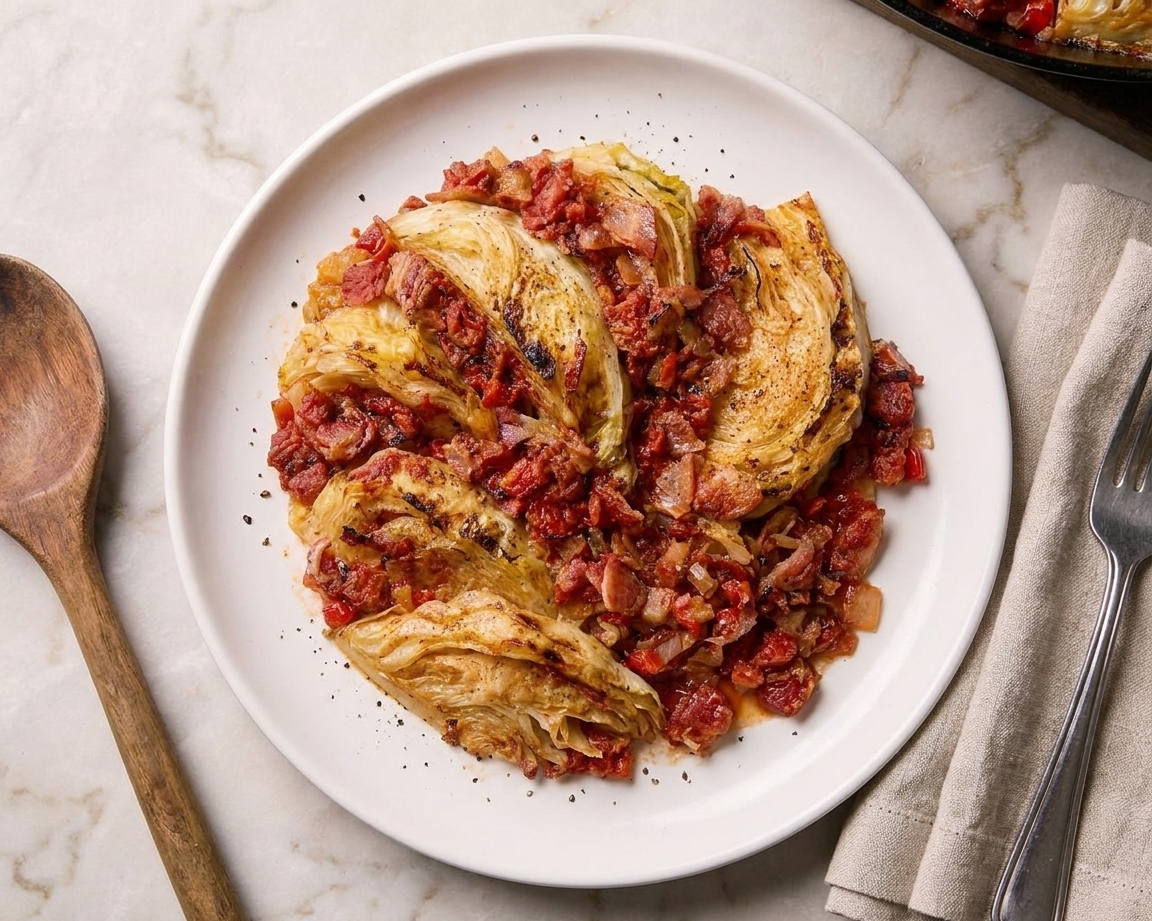 A plated serving of braised cabbage with bacon, ready to eat