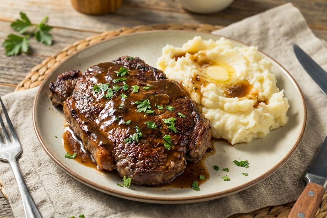 A plated serving of bucket steak topped with glossy brown pan sauce and a sprinkle of parsley, with mashed potatoes on the side on a simple dinner table