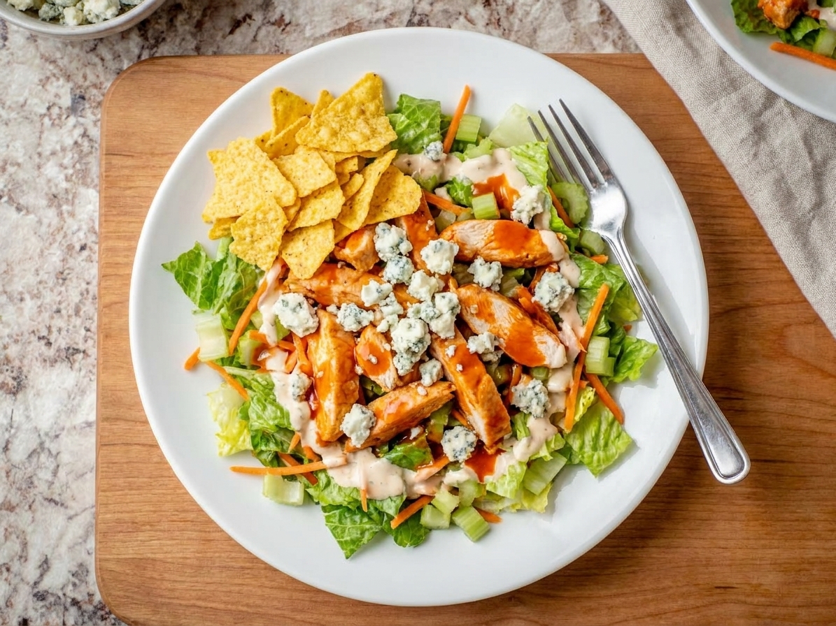 A plated serving of buffalo chicken salad on a white plate with blue cheese crumbles and crunchy tortilla chips, set on a simple kitchen table