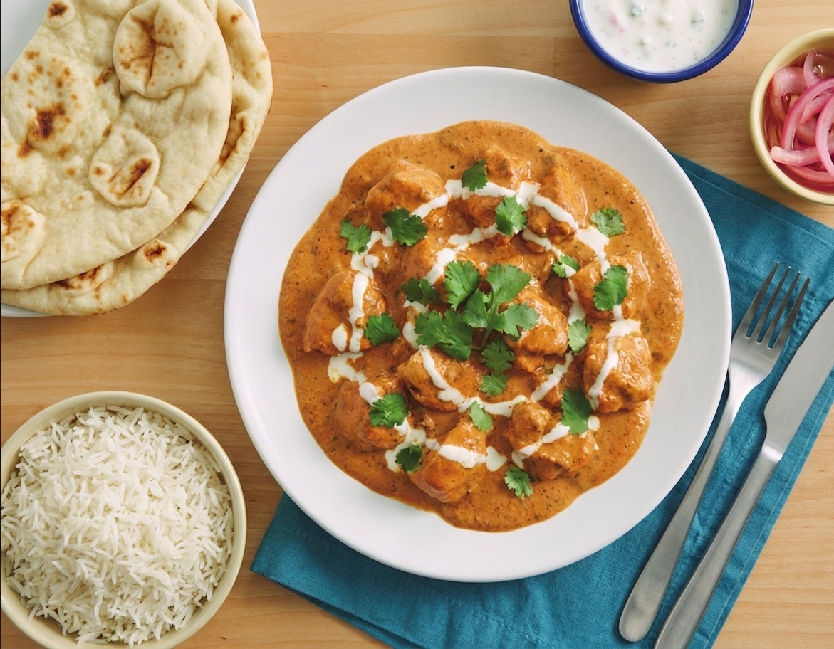 A plated serving of butter chicken garnished with cilantro next to naan and a small bowl of basmati rice on a wooden table