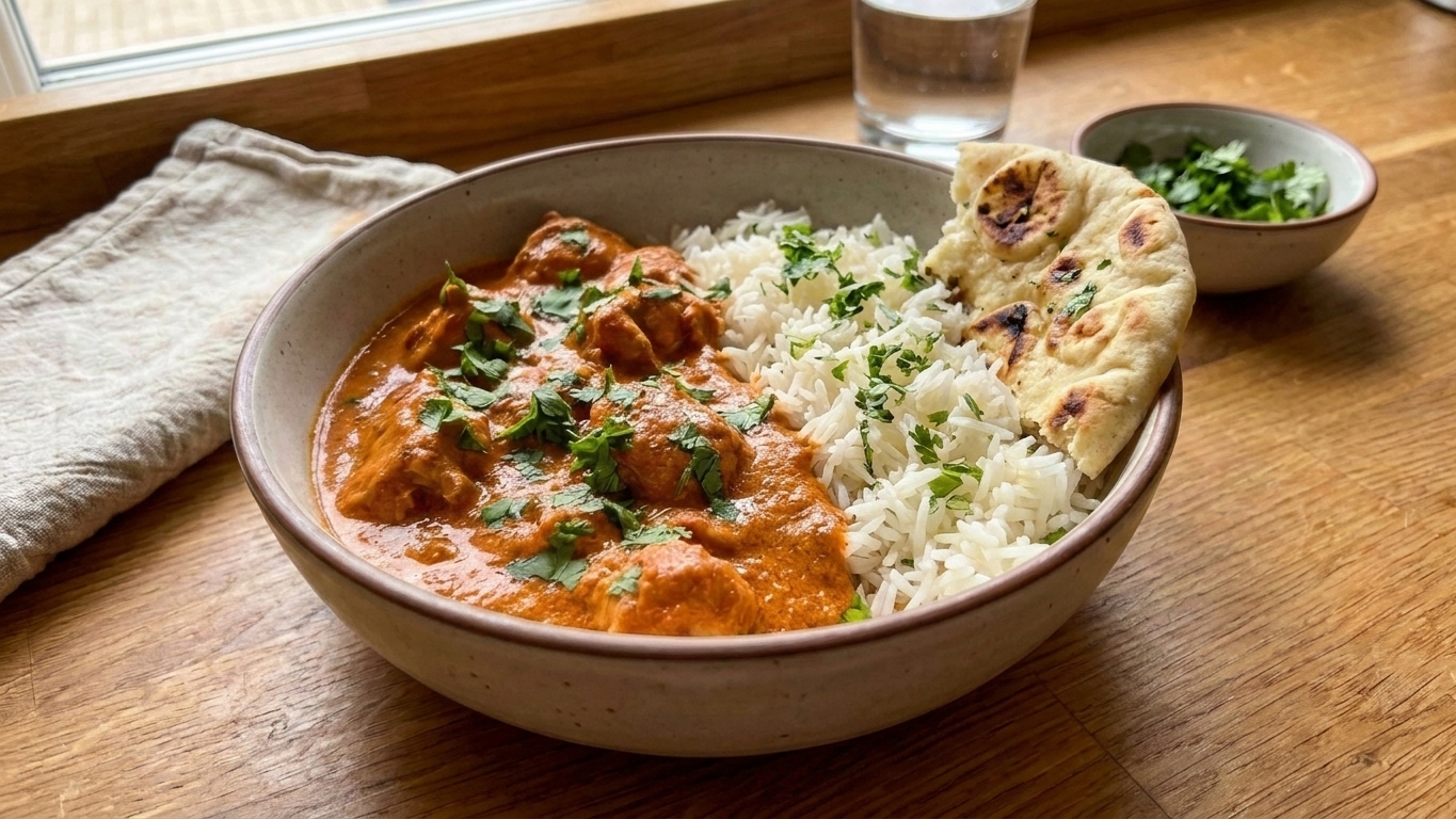 A plated serving of butter chicken over basmati rice, topped with chopped cilantro, with naan on the side on a cozy dinner table