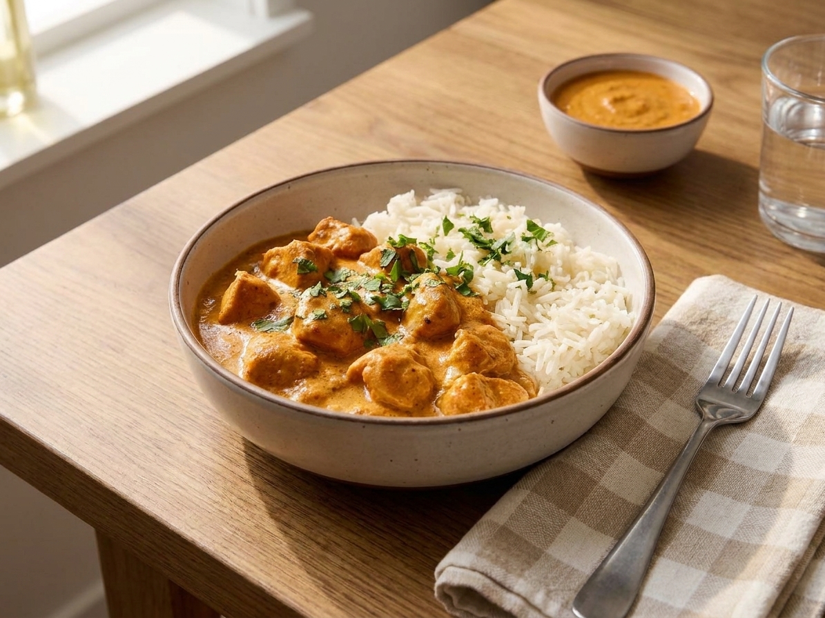 A plated serving of butter chicken over fluffy basmati rice with cilantro garnish on a dinner table with a simple linen napkin