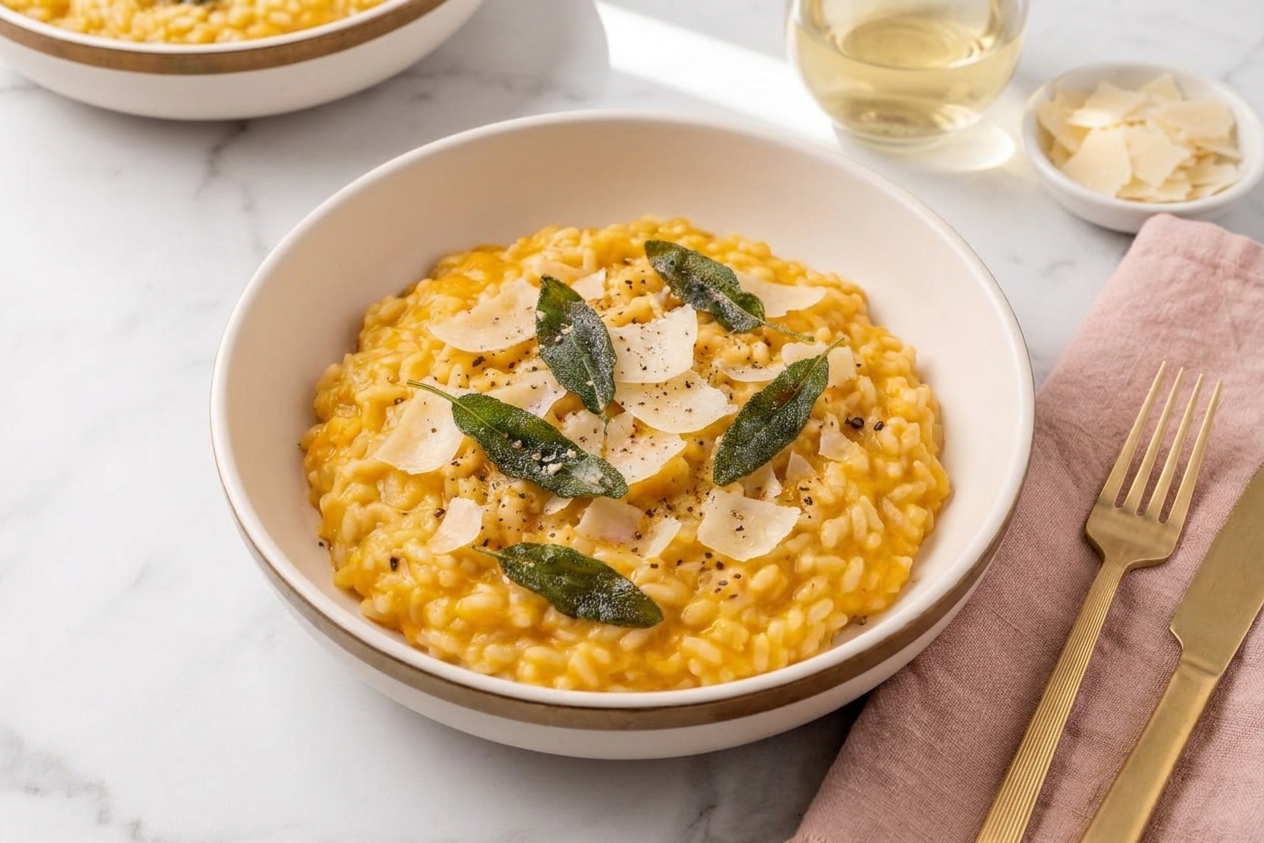 A plated serving of butternut squash risotto in a white bowl with shaved Parmesan and crispy sage on top, set at a simple dinner table