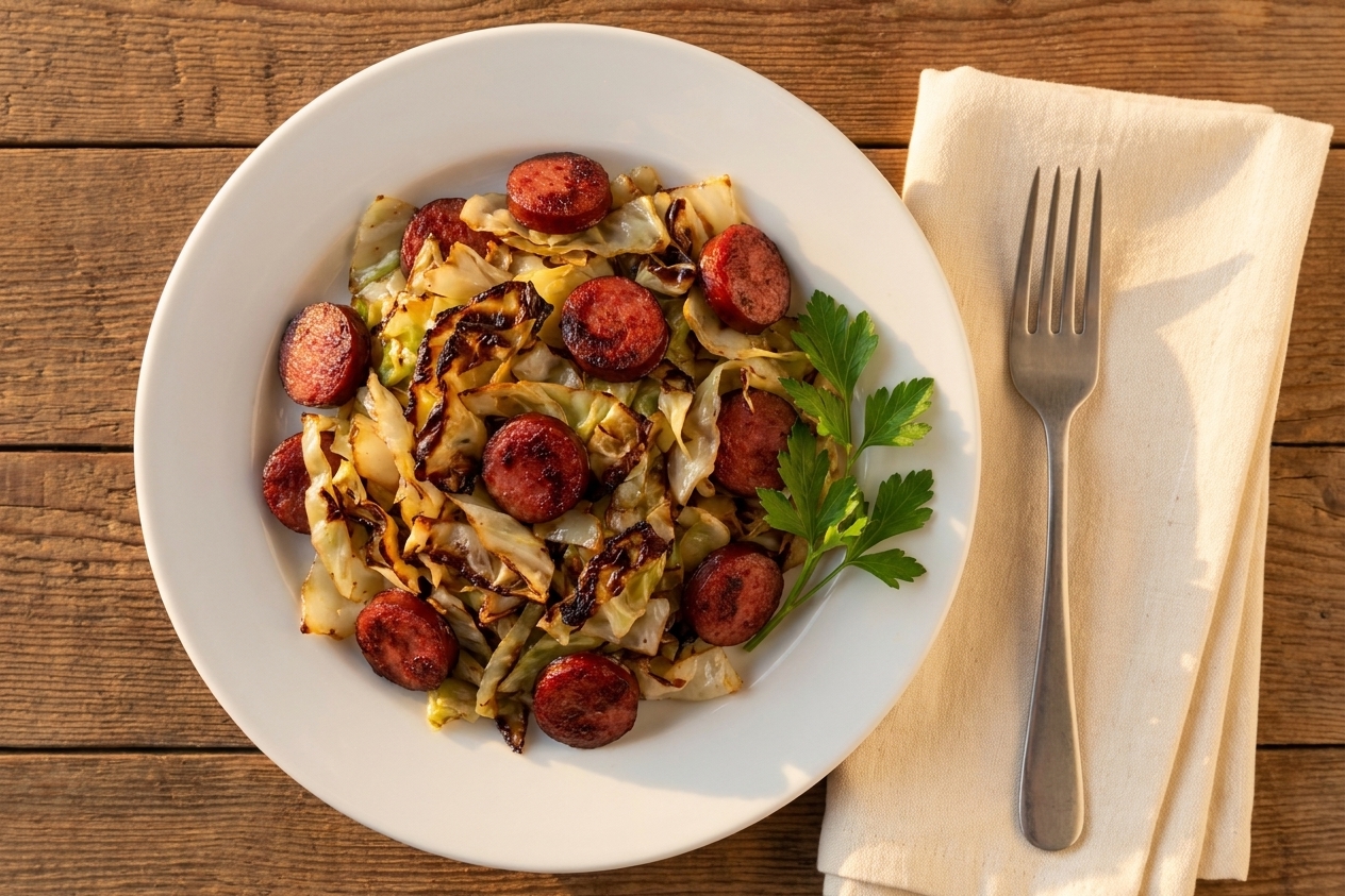 A plated serving of cabbage and sausage with browned edges on a white plate, set on a wooden table with a simple fork and napkin in warm evening light