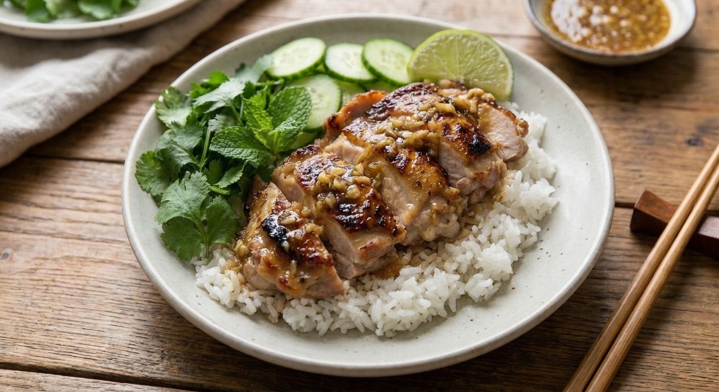 A plated serving of caramelized lemongrass chicken thighs sliced over steamed jasmine rice with cucumber slices and fresh herbs on a simple ceramic plate