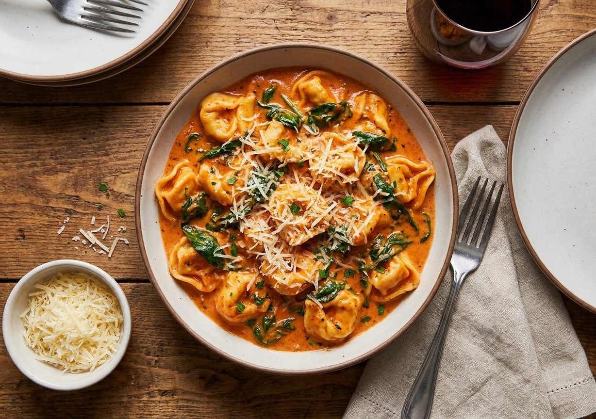 A plated serving of cheese tortellini in tomato cream sauce with spinach and extra Parmesan, set at a simple family dinner table
