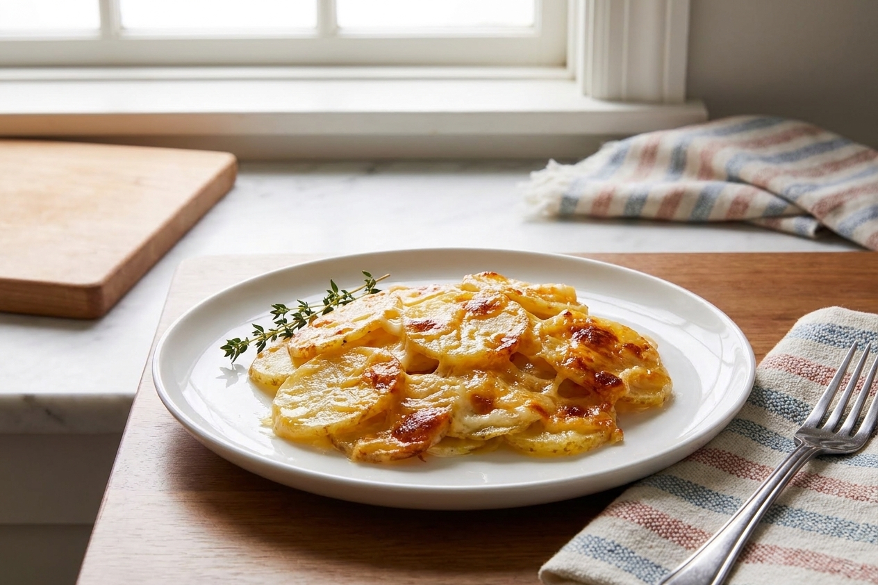 A plated serving of cheesy scalloped potatoes with golden edges on a white dinner plate set on a simple dining table