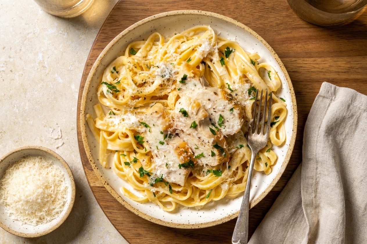 A plated serving of chicken Alfredo pasta on a dinner table with a fork, grated Parmesan nearby, and a simple linen napkin