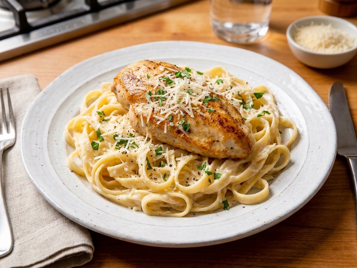 A plated serving of chicken Alfredo with grated Parmesan and parsley on a dinner table with simple plates and warm lighting