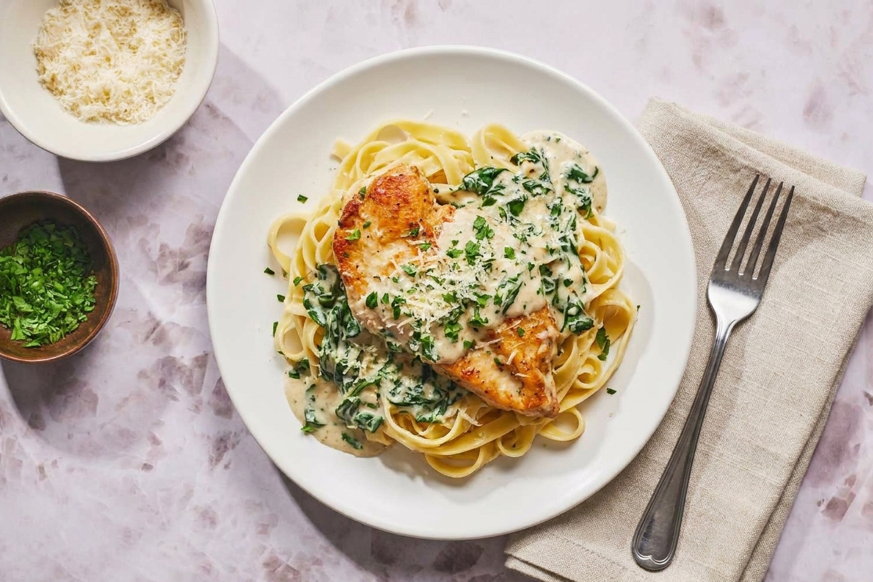 A plated serving of chicken Florentine over pasta with creamy spinach sauce and grated Parmesan, set on a simple dinner table with a fork and linen napkin