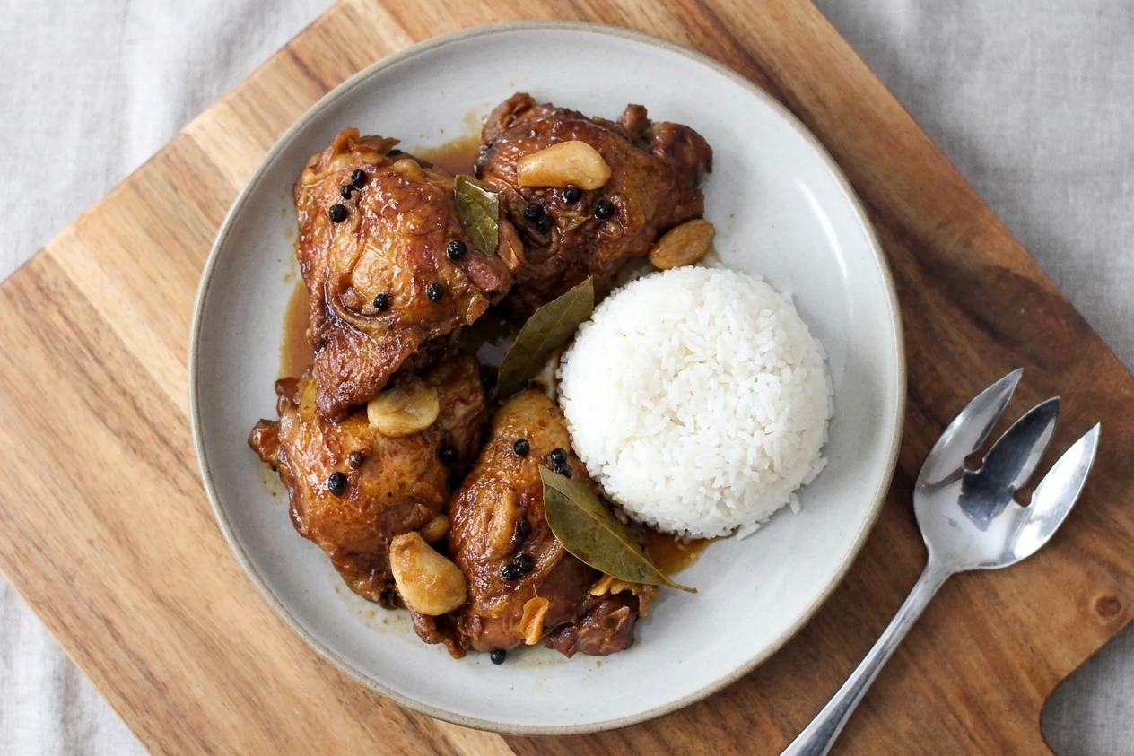 A plated serving of chicken adobo Tagalog with glossy brown sauce, bay leaves, and steamed white rice on a simple ceramic plate at a wooden table