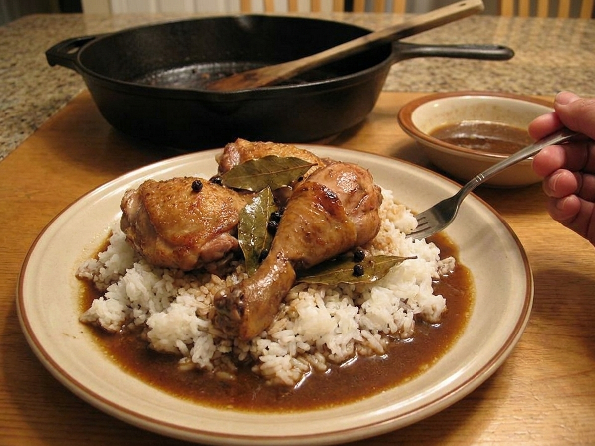 A plated serving of chicken adobo over steamed white rice with glossy sauce