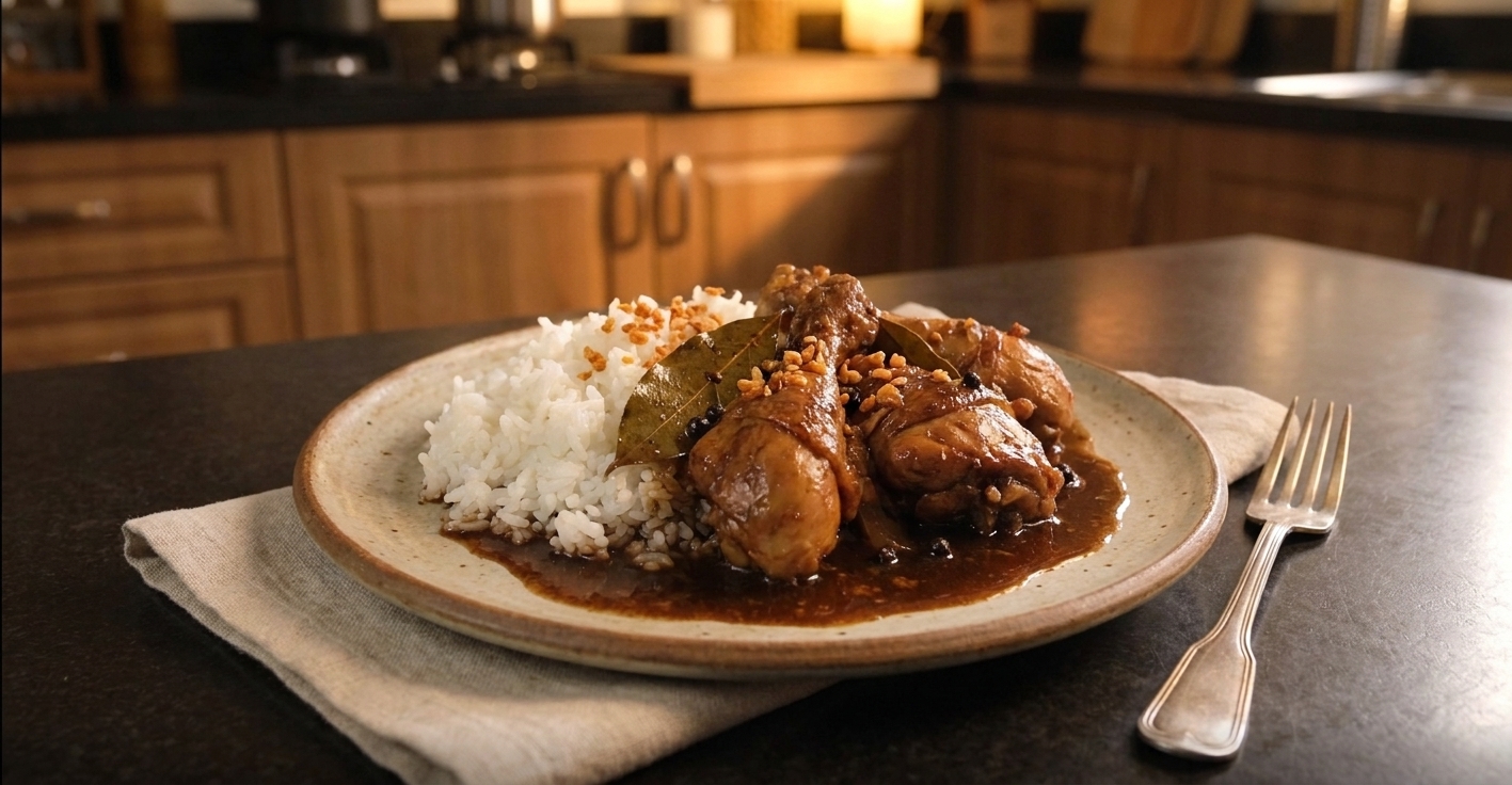 A plated serving of chicken adobo over white rice with extra sauce pooled around it, set on a simple table setting with a fork and napkin in warm natural light