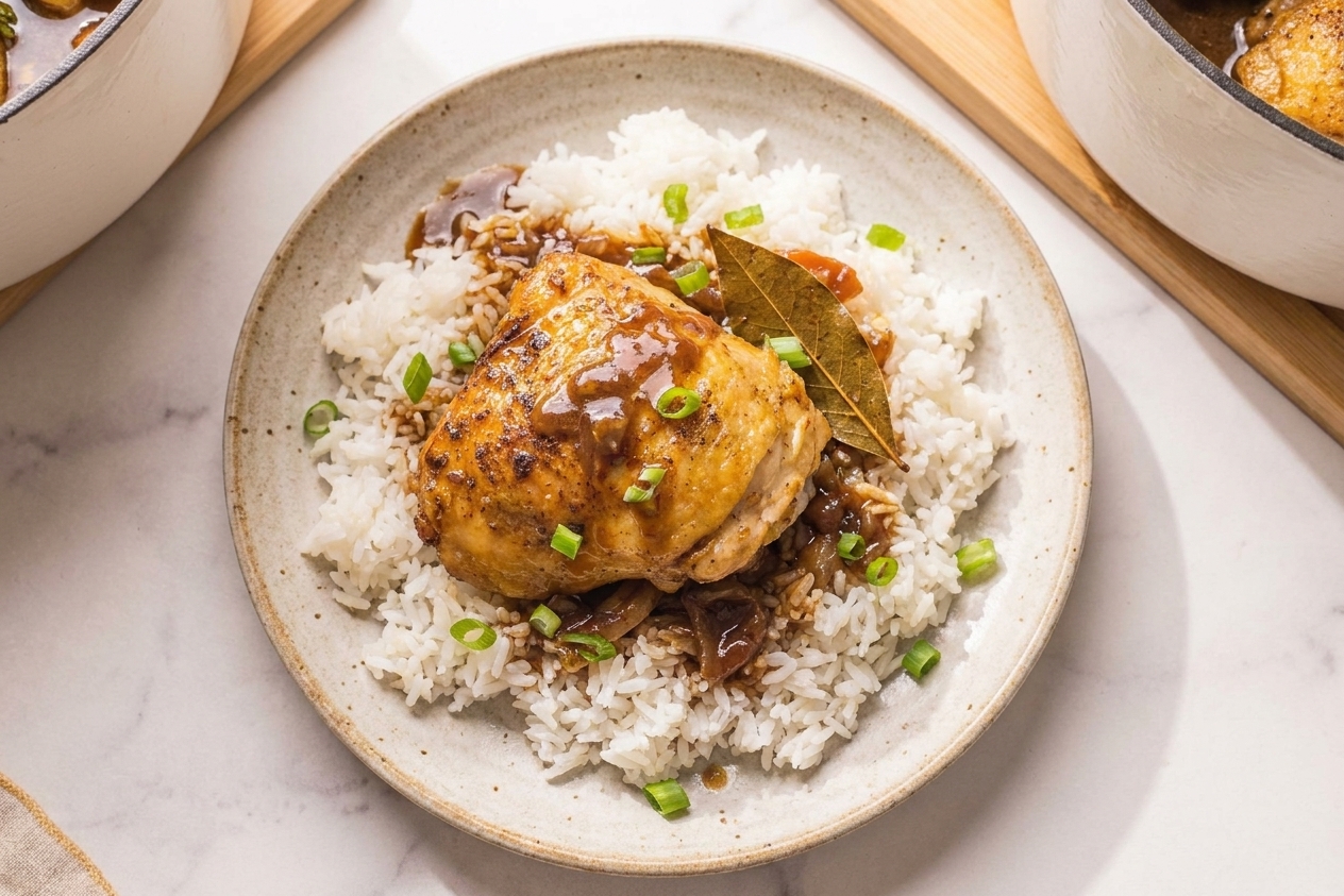 A plated serving of chicken adobo over white rice with glossy sauce spooned on top, a bay leaf visible, and scallions scattered on a simple ceramic plate