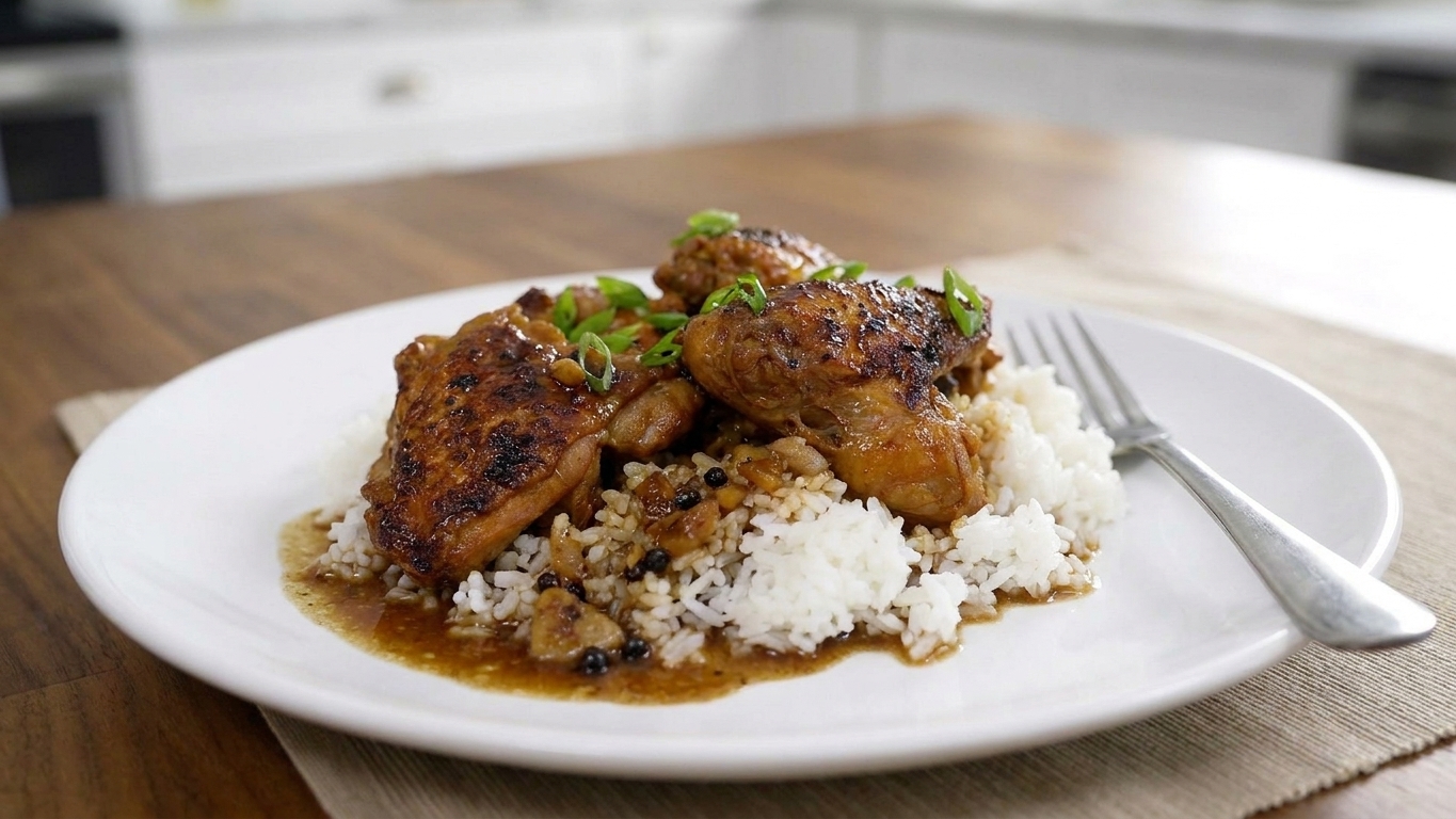 A plated serving of chicken adobo over white rice with extra sauce spooned on top, set on a simple dinner table with a fork