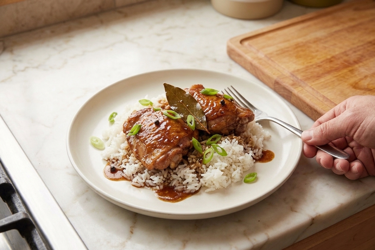 A plated serving of chicken adobo over white rice with glossy sauce, bay leaf, and scattered sliced scallions on a simple dinner plate