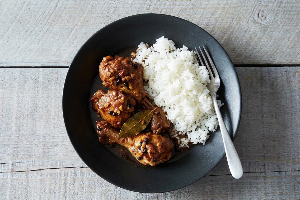 A plated serving of chicken adobo with glossy sauce and a bay leaf next to a mound of steamed white rice on a simple ceramic plate