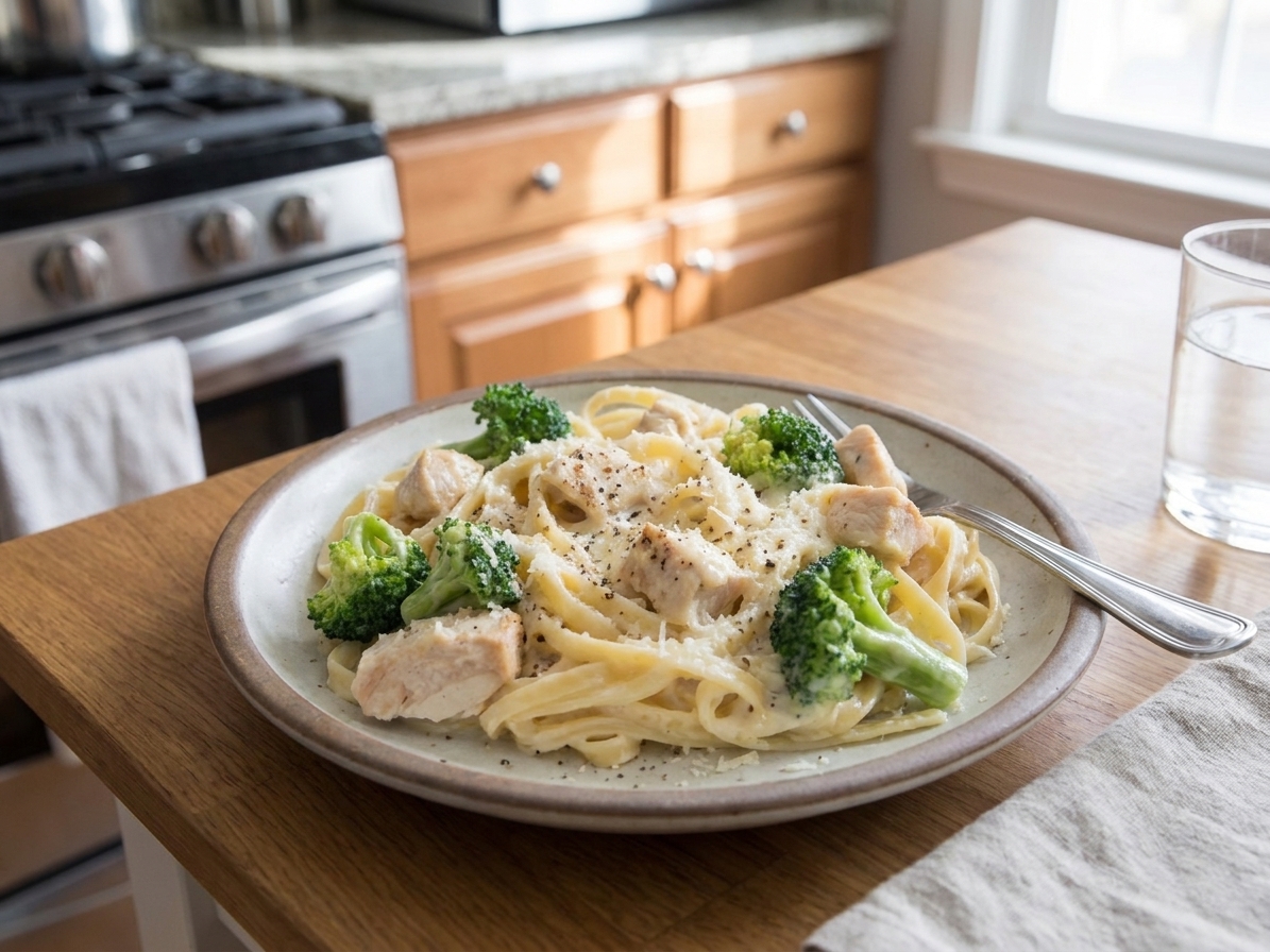 A plated serving of chicken and broccoli Alfredo on a ceramic plate with extra Parmesan scattered on top, set on a simple dinner table