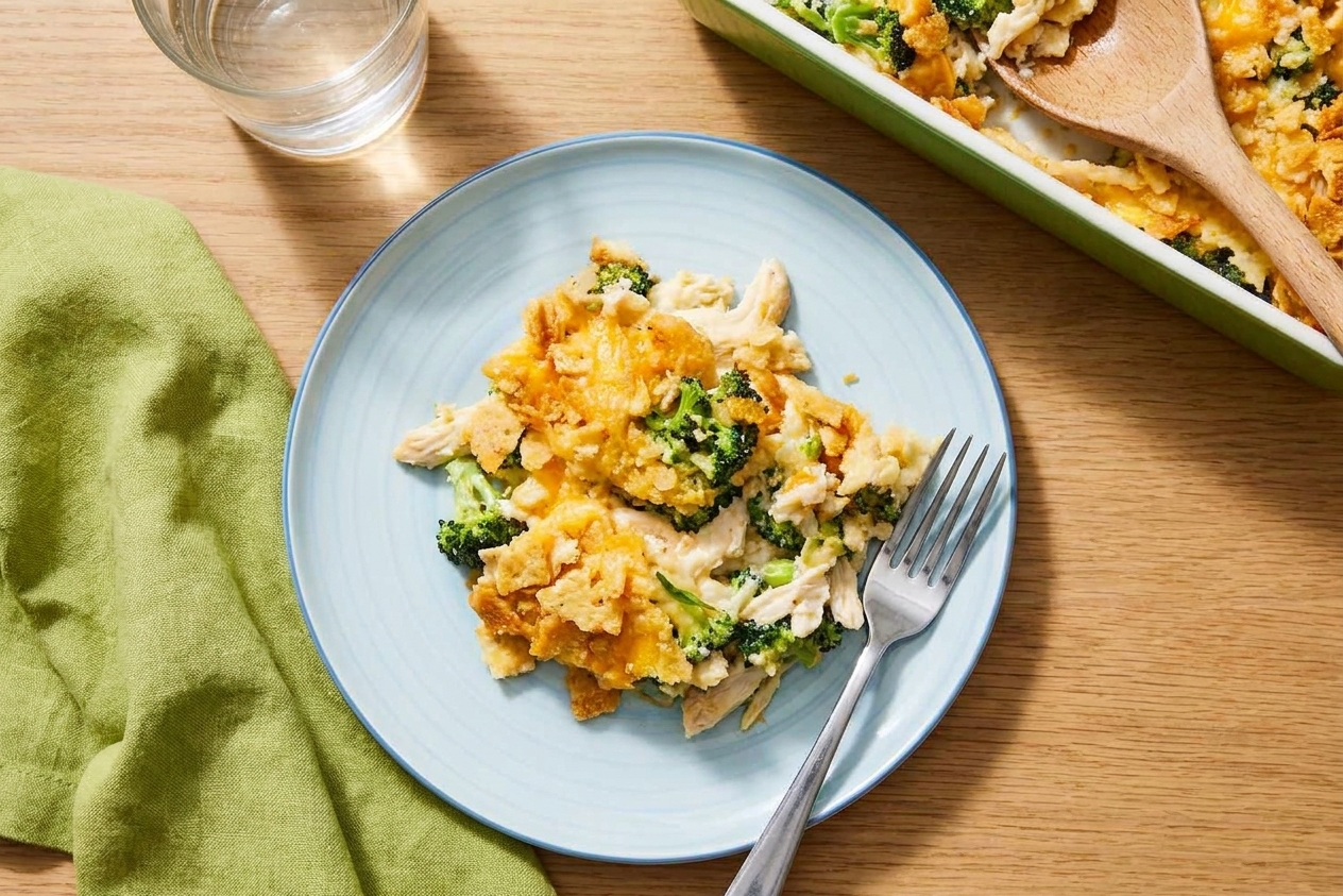 A plated serving of chicken and broccoli casserole with a golden crunchy topping on a white plate at a simple dinner table setting