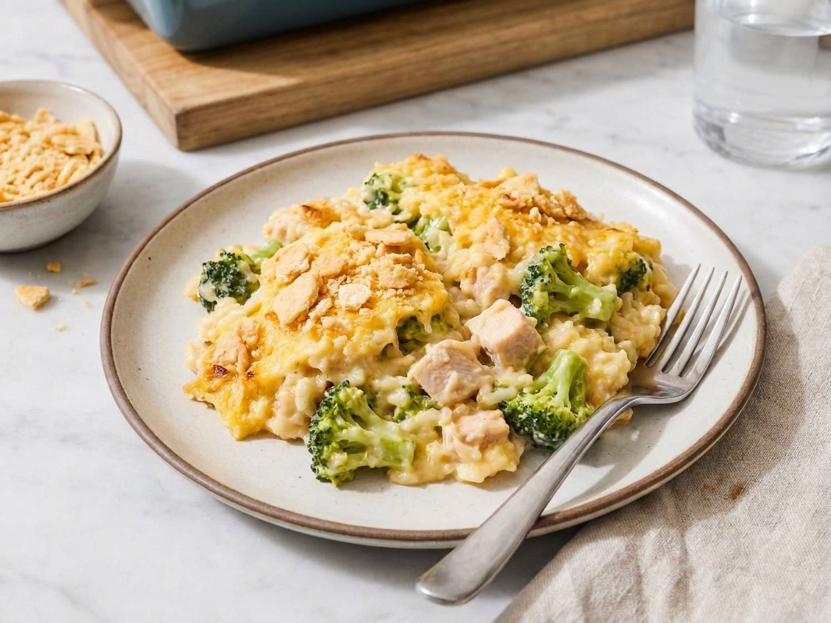 A plated serving of chicken and broccoli rice casserole on a dinner plate with a fork, showing creamy rice and golden cracker topping