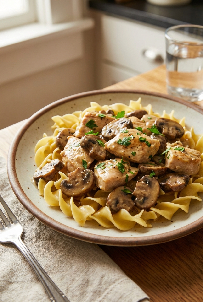 A plated serving of chicken and mushrooms covered in creamy sauce over egg noodles on a ceramic plate