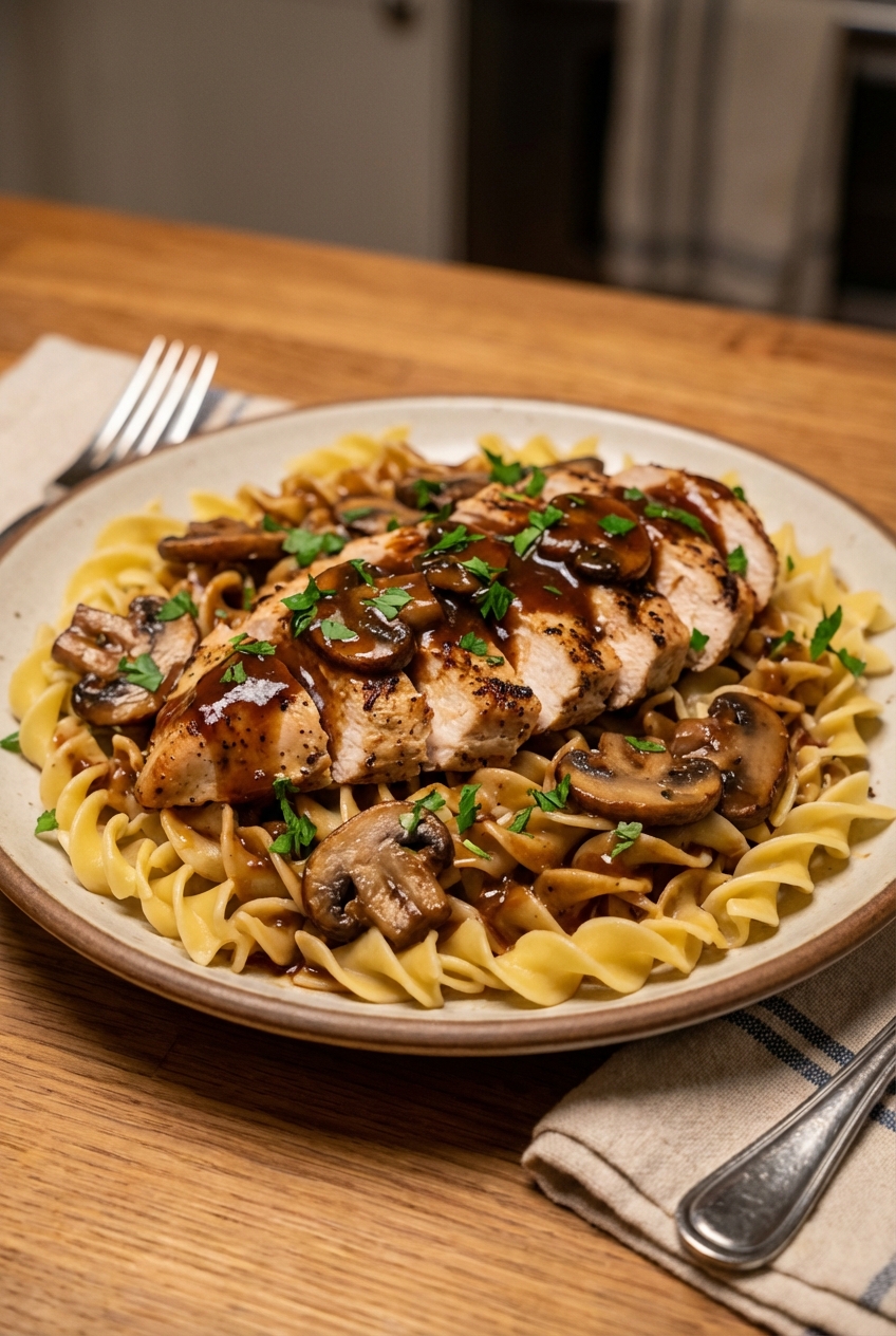 A plated serving of chicken and mushrooms with dark glossy sauce spooned over noodles, topped with parsley