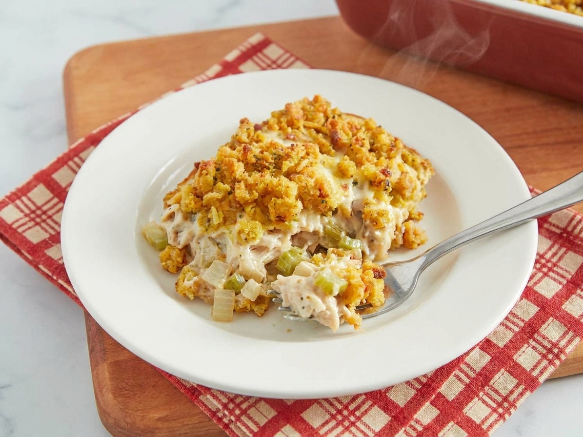 A plated serving of chicken and stuffing casserole on a dinner plate with a fork, showing creamy filling and crisp stuffing topping