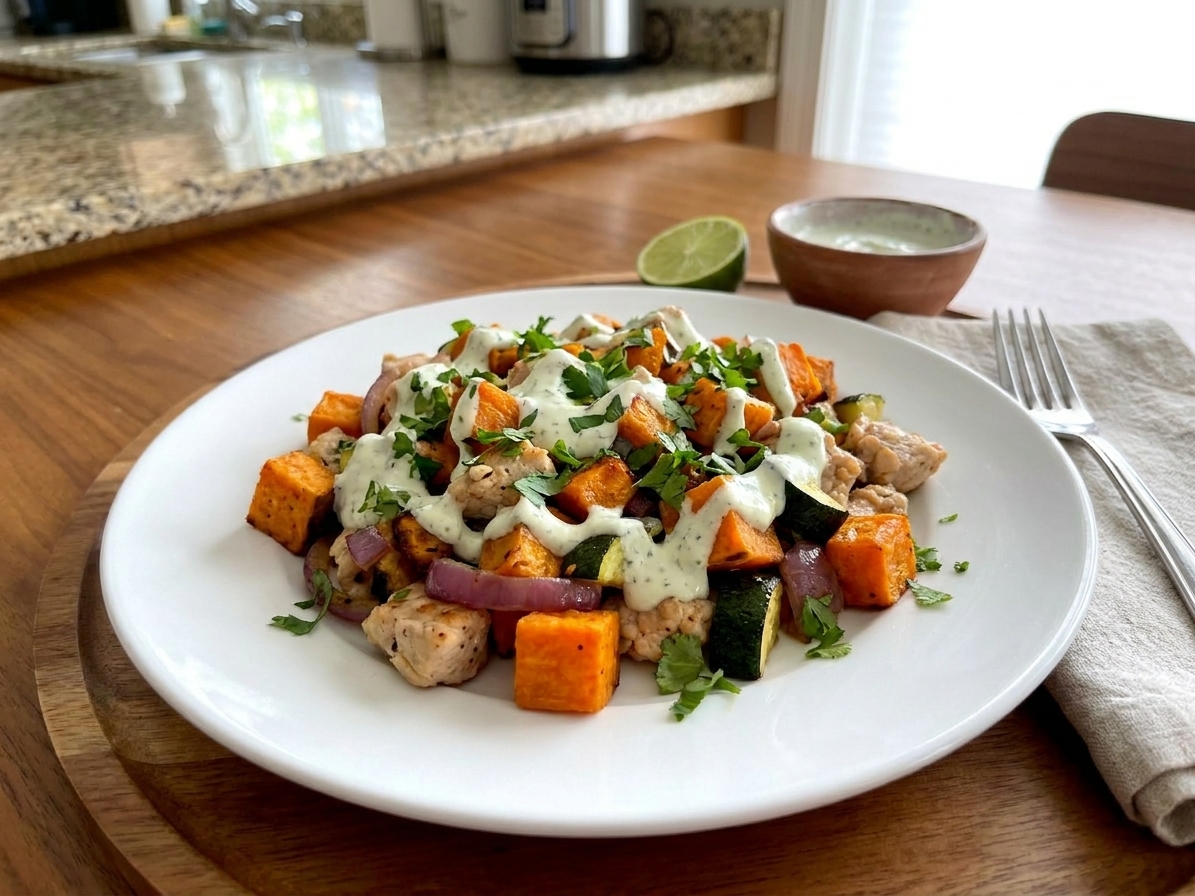 A plated serving of chicken and sweet potato skillet on a white dinner plate with a drizzle of lime yogurt sauce and scattered herbs on a neatly set table