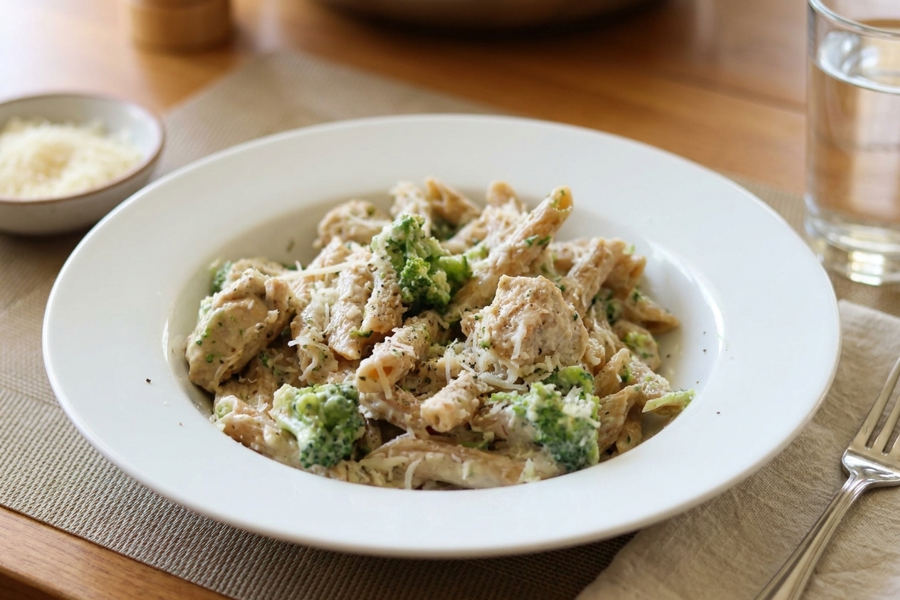 A plated serving of chicken broccoli alfredo in a wide pasta bowl with grated Parmesan and cracked black pepper, set on a simple family dinner table