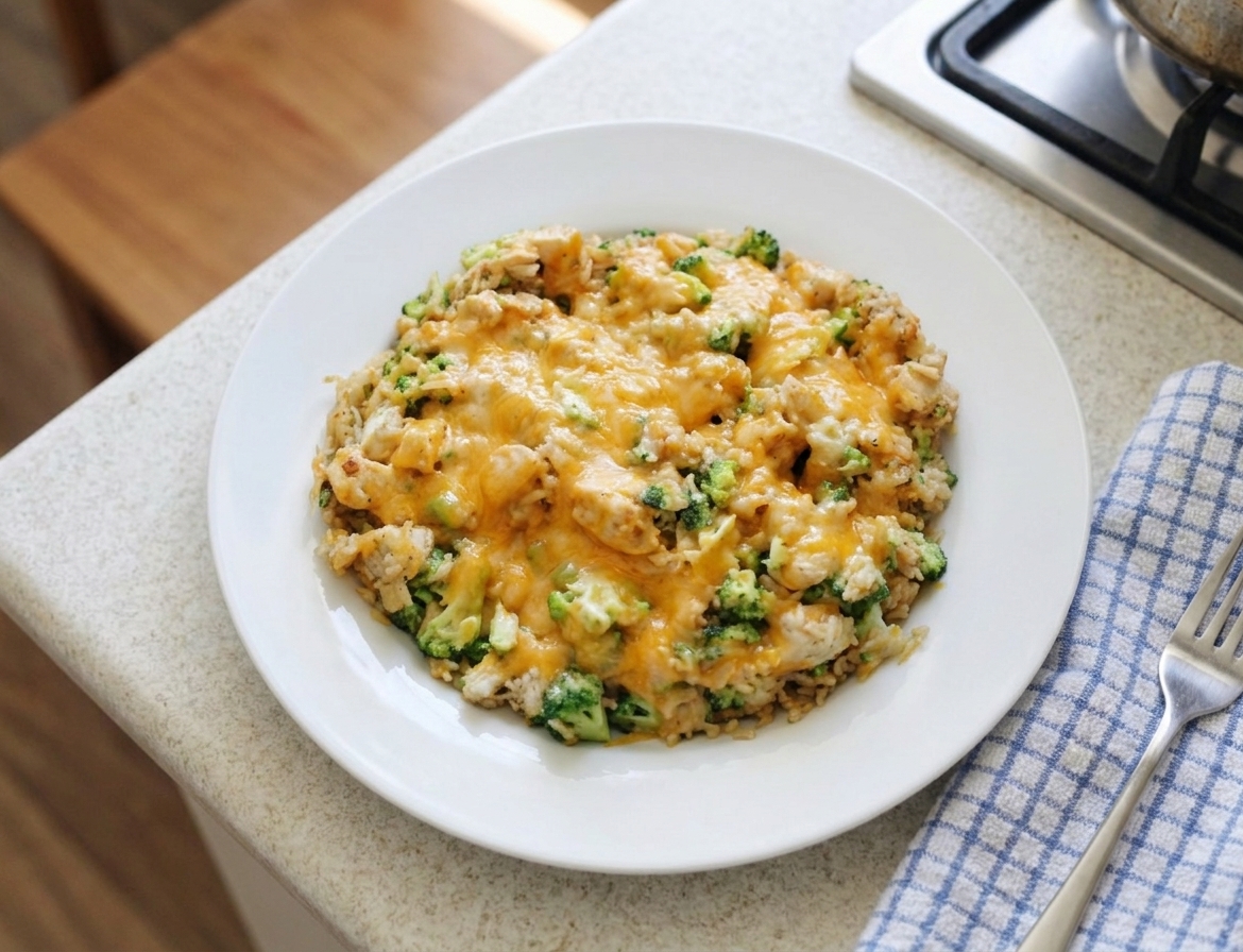A plated serving of chicken broccoli rice casserole with a golden cheesy top on a simple white plate at a dinner table