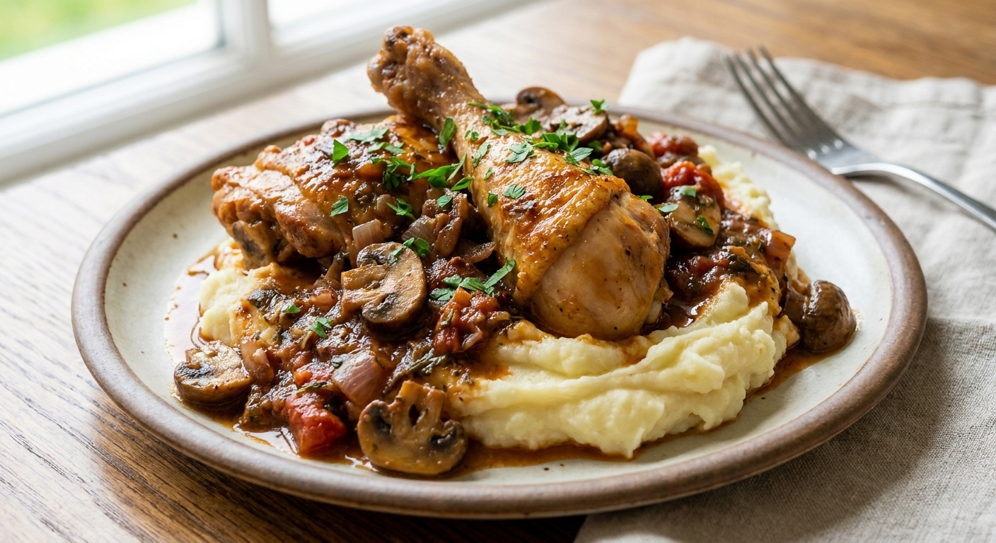A plated serving of chicken chasseur over creamy mashed potatoes with mushroom and tomato sauce spooned on top, garnished with parsley