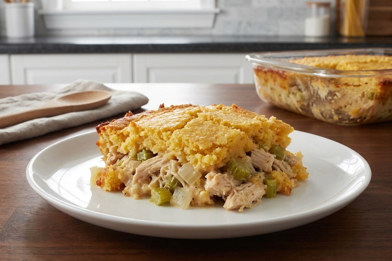 A plated serving of chicken dressing casserole with a golden cornbread topping and creamy chicken filling on a simple dinner plate at a wooden table