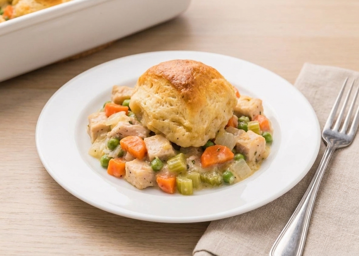 A plated serving of chicken dumpling bake with one golden dumpling and creamy chicken and vegetables on a white plate, set on a simple dinner table with a fork nearby