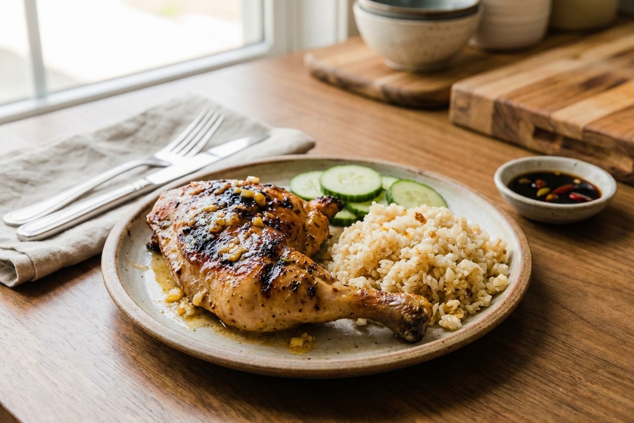 A plated serving of chicken inasal with garlic rice, cucumber slices, and a small bowl of vinegar-soy dipping sauce on a dinner table
