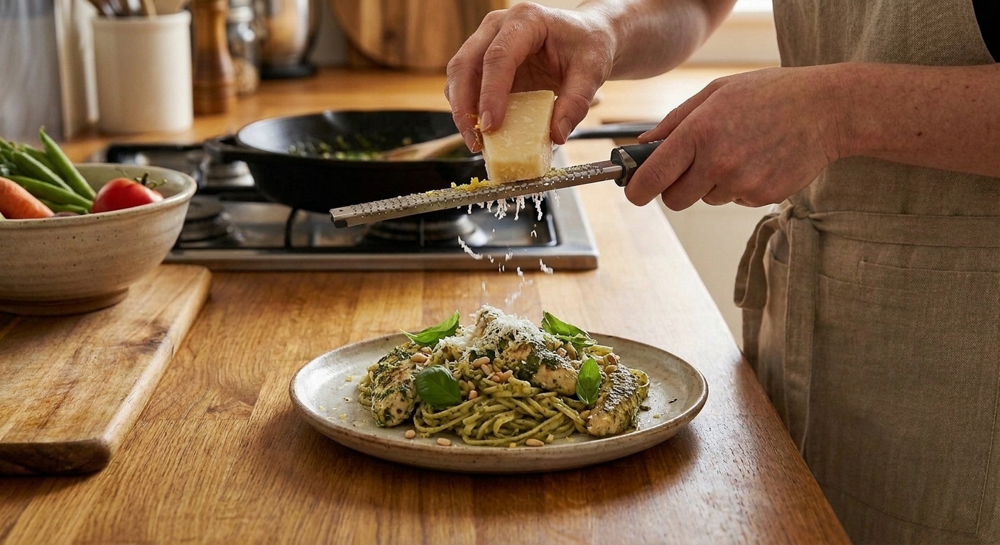 A plated serving of chicken pesto pasta being finished with grated Parmesan and lemon zest on a dining table